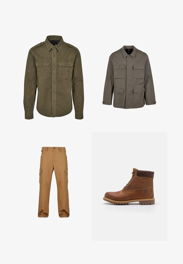 Khaki utilityjack in een katoenmix, met een rechte snit, twee borstzakken en knoopsluitingen op de mouwen. Soepele textuur en een minimalistisch ontwerp.; Olijf groene button-up shirt van katoen. Heeft een kraag, twee borstzakken met kleppen en gestructureerde schouders met zichtbare stiksels.; Bruine cargobroek gemaakt van duurzaam materiaal, met meerdere zakken, een relaxte pasvorm en versterkte stikseldetails.; Bruine leren wandelschoen met een gladde afwerking, gevoerde enkel, metalen oogjes en een rubberen zool met een robuust profiel.