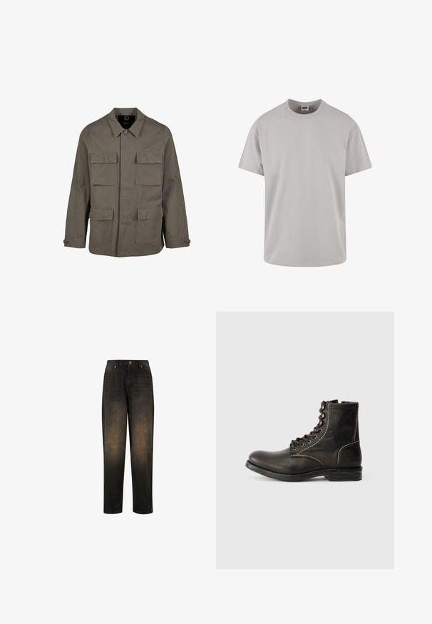 Khaki utilityjakke i bomuldsblanding, med lige snit, to brystlommer og knaplukninger på ærmerne. Glat tekstur og minimalistisk design.; Lys grå bomulds T-shirt, korte ærmer, rund hals, afslappet pasform, glat tekstur, ingen mønstre eller synlige grafik. Rengør design.; Mørk denim jeans med en let falmet finish, der har lige ben, fem lomme-design og metalknap lukning.; Brun læder ankelstøvle med rund tå, syv huller design, hvid syning og struktureret overflade. Robuste gummisål, klassisk stil.