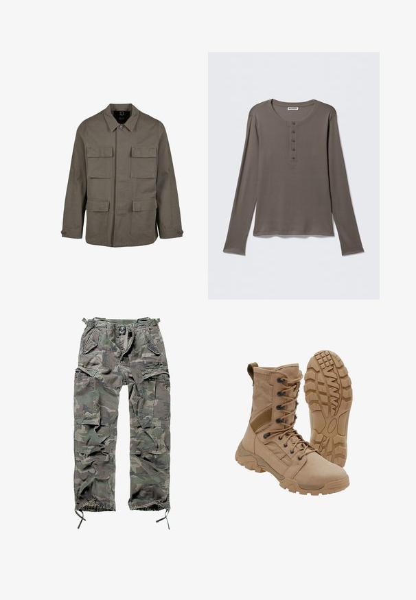 Khaki utiliidisjakker puuvillasegust, sirge lõikega, kahe rinna-tasku ja nööbiga mansettidega. Sile tekstuur ja minimaalne disain.; Pikkade varrukatega hall henley särk viie nupu ja ümmarguse kaelusega, eksponeeritud valgel taustal.; Roheline ja hall kamoflaažiga cargo pükste komplekt, millel on mitu taskut, elastne vöökoht, reguleeritavad pahkluue sääred ja mugav lõige.; Pruun taktikaline saabas sääreni paeltega kinnituse ja vastupidava kummist tallaga, üks saabas püsti ja teine näitab tallamustri.