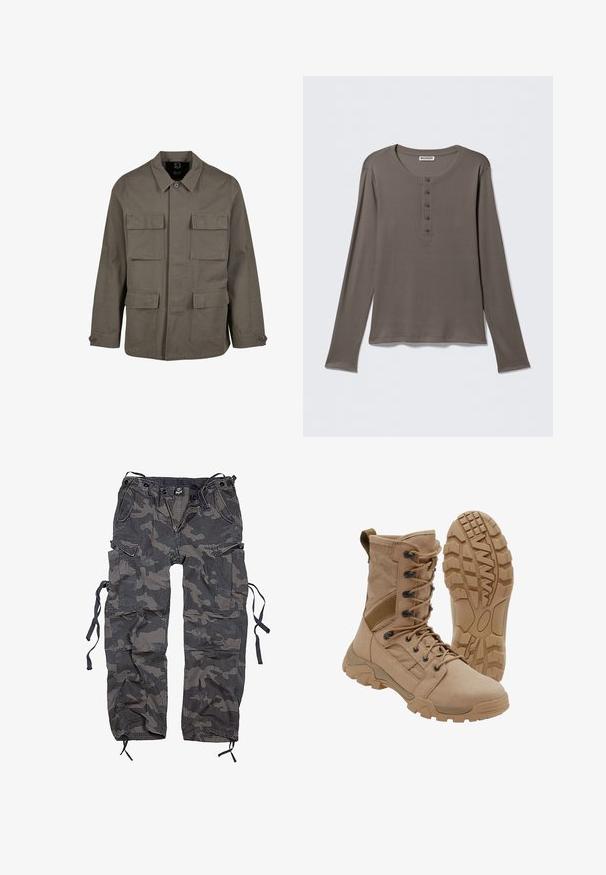 Khaki Utility-Jacke aus Baumwollmischung mit geradem Schnitt, zwei Brusttaschen und Knopfverschlüssen an den Ärmeln. Glatte Textur und minimalistisches Design.; Langärmeliges graues Henley-Shirt mit fünf Knöpfen und rundem Halsausschnitt, dargestellt vor einem schlichten weißen Hintergrund.; Camouflage Cargo-Hosen in Grautönen und Schwarz, aus einem Stoff mit leicht strukturierten Oberfläche. Verfügt über mehrere Taschen und Bindebänder am Saum.; Brauner taktischer Stiefel mit schnürbarem Knöchel-Design und robuster Gummisohle, ein Stiefel steht aufrecht, der andere zeigt das Profil der Sohle.