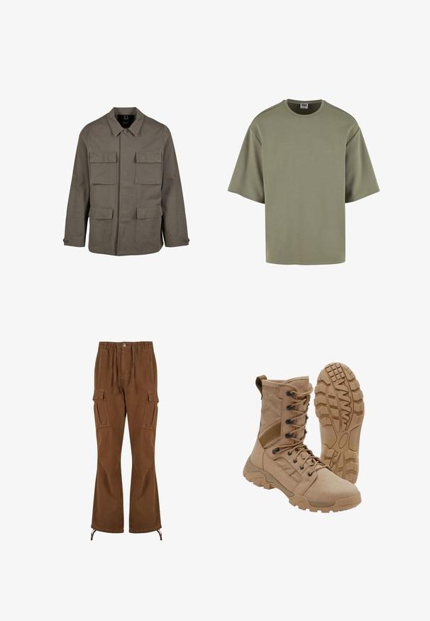 Khaki utilityjakke i bomuldsblanding, med lige snit, to brystlommer og knaplukninger på ærmerne. Glat tekstur og minimalistisk design.; Olivengrøn oversized t-shirt, blødt stof, rund hals, korte ærmer, minimalistisk design, ingen synlige mønstre eller accenter.; Brune cargobukser med elastik i taljen, snoredetaljer, to sidelommer og bredere ben med justerbare kantbånd.; Brun taktisk støvle med snørelukning i ankellængde og robust gummisål, en støvle står oprejst og den anden viser slidbanemønster.