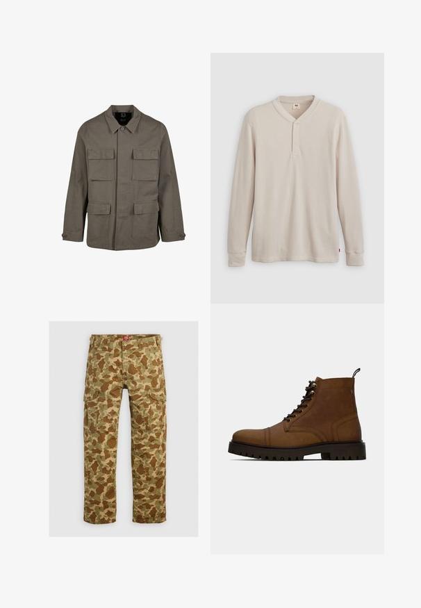Khaki utiliidisjakker puuvillasegust, sirge lõikega, kahe rinna-tasku ja nööbiga mansettidega. Sile tekstuur ja minimaalne disain.; Pikad varrukad henley särk heledast beežist ribakudumist, millel on V-kaelus, kolme nupuga sulgemine ja kollased varrukad. Punane logo sildike ääres.; Karmine cargo püksid erinevates roheline ja pruun tooni, mitmete taskutega ning lõdva lõikega, valmistatud vastupidavast kangast.; Pruuni nahast sidumisega pahkluusaapad paksu musta rakendusepidisega tallaga ja tõmbenööbiga valge taustal.