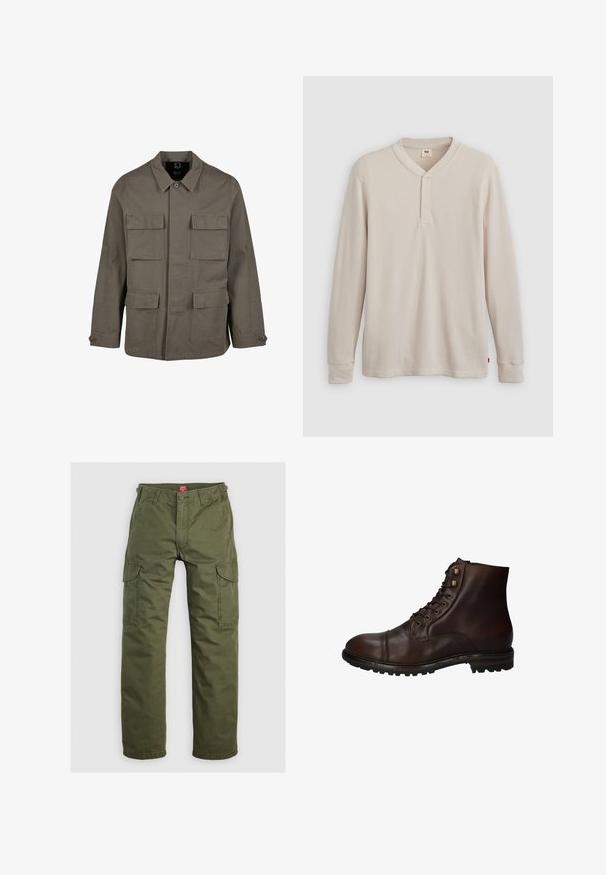 Khaki utilityjack in een katoenmix, met een rechte snit, twee borstzakken en knoopsluitingen op de mouwen. Soepele textuur en een minimalistisch ontwerp.; Lange mouwen henley-shirt in lichtbeige ribbelstof, met een V-hals, een drieknoopsluiting en manchetten. Rode logo-label aan de onderkant.; Olijfgroene cargobroek gemaakt van duurzame stof, met zijzakken, een knoopsluiting en een rechte pijpdesign.; Donkergrote leren veterschoenen tot de enkels met een robuuste rubberen zool en metalen veters, gezien vanuit de buitenzijde.