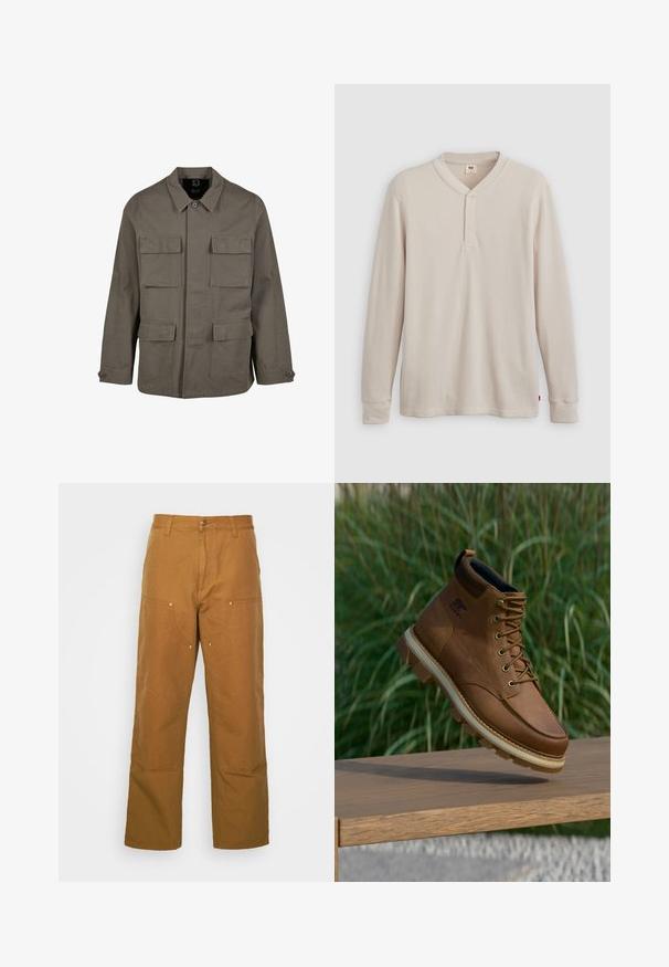 Khaki utilityjakke i bomuldsblanding, med lige snit, to brystlommer og knaplukninger på ærmerne. Glat tekstur og minimalistisk design.; Langærmet henley-skjorte i lys beige ribbet stof, med V-hals, tre-knap placket og manchetter ved ærmerne. Rød logo-tags ved kanten.; Brune bomuldsarbejdsbukser med lige ben-design, der har frontlommer og metalhardware detaljer for ekstra holdbarhed.; Brun Sorel vandrestøvle i læder med tyk sål, der svæver over en træoverflade, med grøn græs i baggrunden.