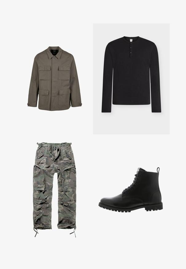 Khaki Utility-Jacke aus Baumwollmischung mit geradem Schnitt, zwei Brusttaschen und Knopfverschlüssen an den Ärmeln. Glatte Textur und minimalistisches Design.; Schwarzes langärmliges Henley-Shirt mit drei Knöpfen auf der Knopfleiste, Rundhalsausschnitt und mittlerem Größenetikett im Krageninnenteil.; Tarnfarbene Cargo-Hose in Grün und Grau, ausgestattet mit mehreren Taschen, elastischem Bund, verstellbaren Knöchelbündchen und einer lockeren Passform.; Schwarze Leder-Ankle-Boots mit runder Zehenform, Schnürung vorne, robustem Außensohle und einer Schlaufe auf der Rückseite für einfaches An- und Ausziehen.