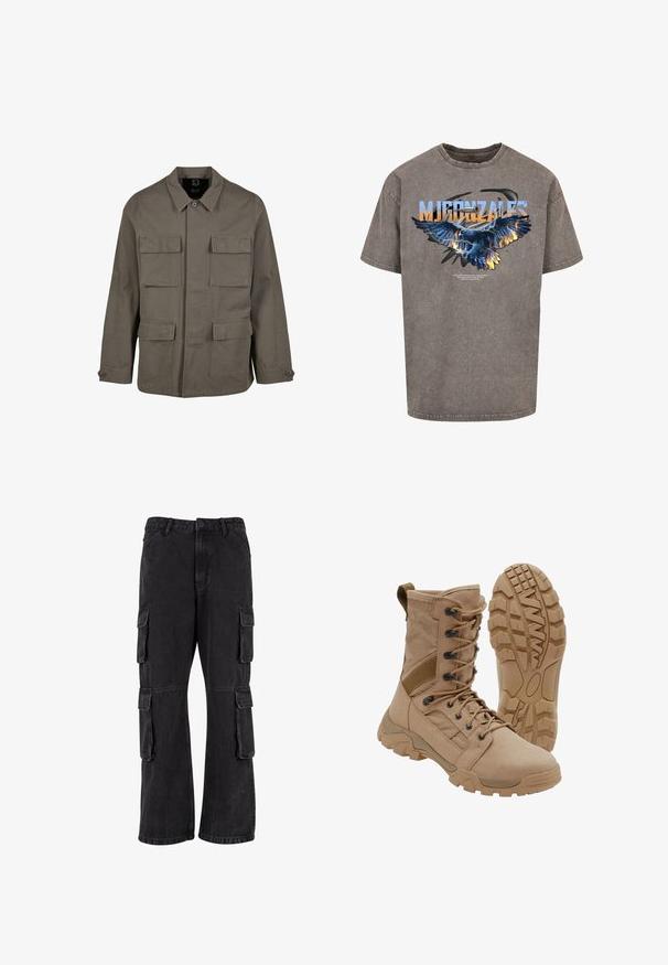 Khaki utilityjakke i bomuldsblanding, med lige snit, to brystlommer og knaplukninger på ærmerne. Glat tekstur og minimalistisk design.; Grå kortærmet T-shirt med et stort grafik af en ørn med blå og orange flammer. Teksten ovenfor lyder "MJ GONZALES" i fede bogstaver.; Sorte cargo-bukser lavet af denim, med en løs pasform, flere sidelommer og syet detaljer. Teksturen er let falmet.; Brun taktisk støvle med snørelukning i ankellængde og robust gummisål, en støvle står oprejst og den anden viser slidbanemønster.