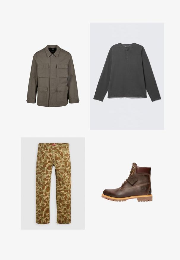 Khaki Utility-Jacke aus Baumwollmischung mit geradem Schnitt, zwei Brusttaschen und Knopfverschlüssen an den Ärmeln. Glatte Textur und minimalistisches Design.; Dunkelgraues Langarm-Henley-Shirt mit rundem Ausschnitt und drei Knöpfen an der vorderen Blende.; Tarnfarbe Cargo-Hose in verschiedenen Grüntönen und Brauntönen, mit mehreren Taschen und einer lockeren Passform, aus strapazierfähigem Material.; Braune Leder-Ankelstiefel mit runder Zehenpartie, robuster Sohle, goldfarbener Hardware und strukturiertem Obermaterial. Enthält ein angehängtes Logo-Tag.