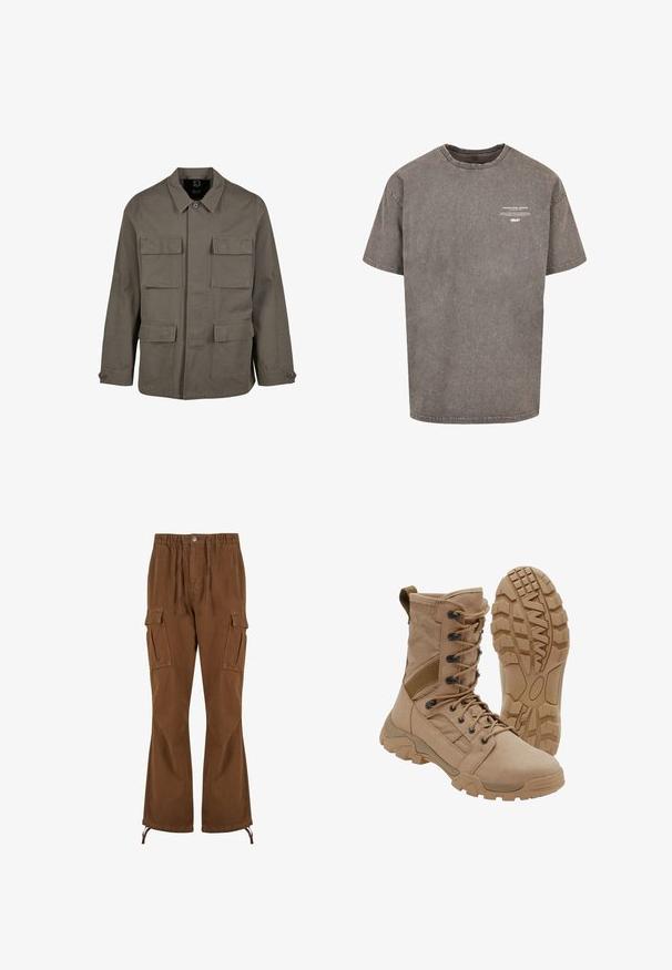 Khaki utilityjakke i bomuldsblanding, med lige snit, to brystlommer og knaplukninger på ærmerne. Glat tekstur og minimalistisk design.; Grå oversized bomulds T-shirt med rund halsudskæring, korte ærmer, slidte tekstur og hvid trykt tekst på forsiden.; Brune cargobukser med elastik i taljen, snoredetaljer, to sidelommer og bredere ben med justerbare kantbånd.; Brun taktisk støvle med snørelukning i ankellængde og robust gummisål, en støvle står oprejst og den anden viser slidbanemønster.