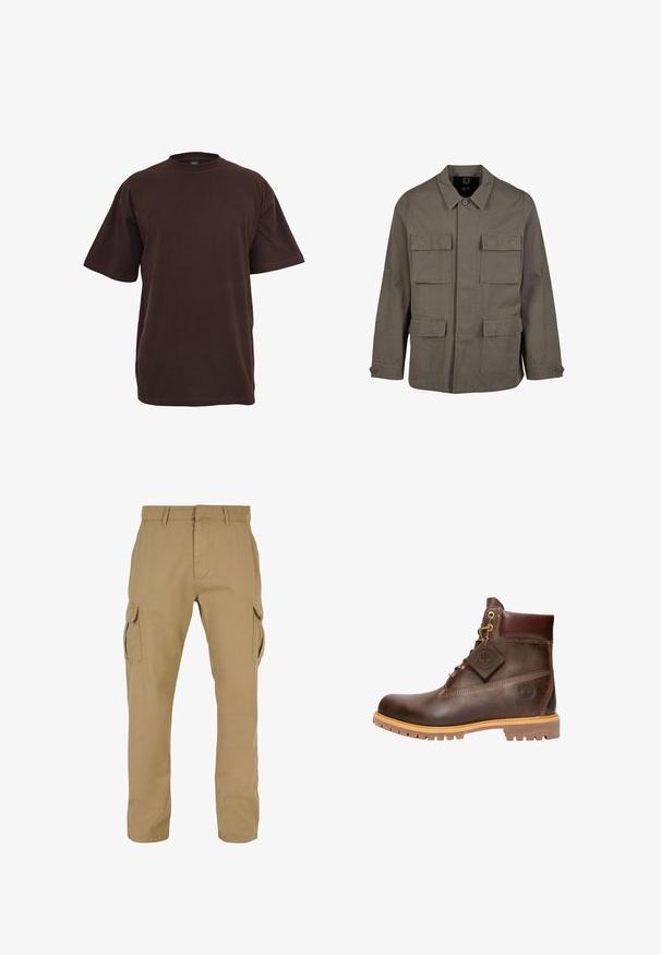 Khaki utilityjakke i bomuldsblanding, med lige snit, to brystlommer og knaplukninger på ærmerne. Glat tekstur og minimalistisk design.; Brun bomulds T-shirt med korte ærmer, rund halsudskæring og en afslappet pasform. Glat tekstur uden synlige mønstre eller accenter.; Beige cargo bukser med to sidelommer, lige ben design, lavet af slidstærkt stof, med syning detaljer og bæltestropper.; Brun læder ankelstøvle med rund tå, solid sål, hardware i guldtone og en tekstureret overdel. Inkluderer et logo-tagfæstet.