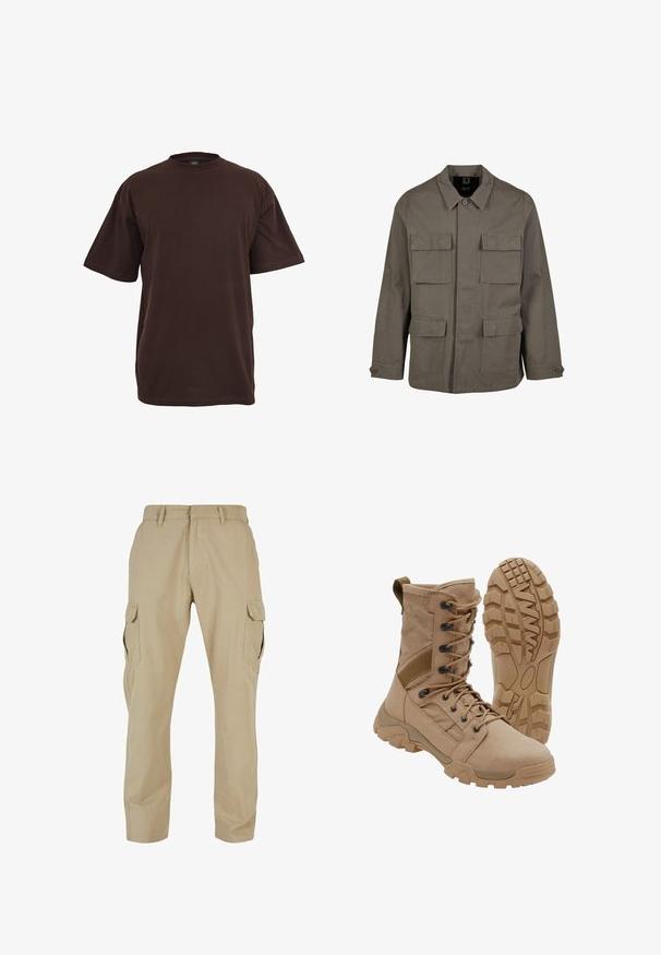 Khaki Utility-Jacke aus Baumwollmischung mit geradem Schnitt, zwei Brusttaschen und Knopfverschlüssen an den Ärmeln. Glatte Textur und minimalistisches Design.; Braunes Baumwoll-T-Shirt mit kurzen Ärmeln, Rundhalsausschnitt und lockerer Passform. Glatte Textur ohne sichtbare Muster oder Akzente.; Beige Cargo-Hosen aus Baumwolltwill mit mehreren Seitentaschen, geradem Bein Design und einem Reißverschluss mit Gürtelschlaufen.; Brauner taktischer Stiefel mit schnürbarem Knöchel-Design und robuster Gummisohle, ein Stiefel steht aufrecht, der andere zeigt das Profil der Sohle.