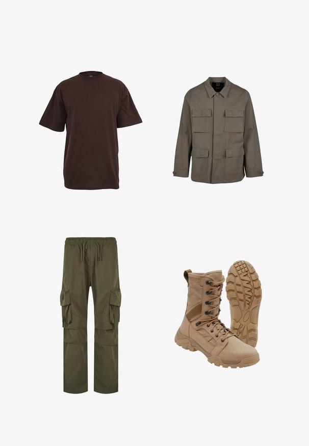 Khaki utilityjakke i bomuldsblanding, med lige snit, to brystlommer og knaplukninger på ærmerne. Glat tekstur og minimalistisk design.; Brun bomulds T-shirt med korte ærmer, rund halsudskæring og en afslappet pasform. Glat tekstur uden synlige mønstre eller accenter.; Cargo bukser i olivengrøn med elastisk talje og snørelukning, flere sidelommer og en løs pasform med plisserede detaljer.; Brun taktisk støvle med snørelukning i ankellængde og robust gummisål, en støvle står oprejst og den anden viser slidbanemønster.