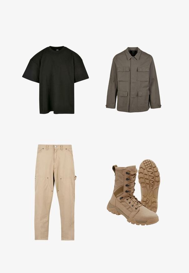 Khaki utilityjakke i bomuldsblanding, med lige snit, to brystlommer og knaplukninger på ærmerne. Glat tekstur og minimalistisk design.; Sort oversized t-shirt i blød bomuld. Har en rund crew neckline og korte ærmer, med en glat tekstur og minimalistisk design.; Beige cargo bukser lavet af bomuld. Har flere lommer, lige pasform og knaplukning med metalhardware detaljer.; Brun taktisk støvle med snørelukning i ankellængde og robust gummisål, en støvle står oprejst og den anden viser slidbanemønster.