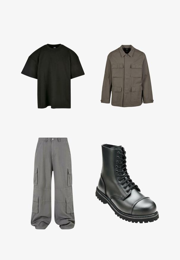 Khaki utilityjack in een katoenmix, met een rechte snit, twee borstzakken en knoopsluitingen op de mouwen. Soepele textuur en een minimalistisch ontwerp.; Zwart oversized t-shirt van zachte katoen. Heeft een ronde ronde halslijn en korte mouwen, met een zachte textuur en een minimalistisch ontwerp.; Grijze cargobroek van lichtgewicht stof, met twee zijzakken, twee cargozakken en een elastische zoom voor een ontspannen pasvorm.; Zwarte leren combatboot met hoge enkel, ronde neus, vetersluiting aan de voorkant, en robuuste rubberen zool met diepe profiel voor grip.
