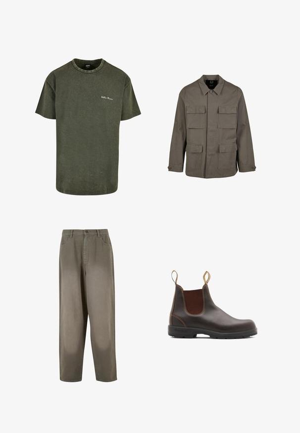 Chaqueta utilitaria color caqui en mezcla de algodón, con corte recto, dos bolsillos en el pecho y cierres de botón en las mangas. Textura suave y diseño minimalista.; Camiseta de algodón verde oliva con mangas cortas, cuello redondo y una sutil textura desgastada. Presenta un bordado blanco de "Urban Classics" en el pecho.; Pantalones anchos de color verde claro, hechos de una tela suave. Presentan un cierre de botón, bolsillos frontales y una textura general lisa.; Botas Chelsea de cuero marrón con paneles laterales elásticos y tiradores. Parte superior texturizada, suela de goma duradera y detalle de costura en contraste.
