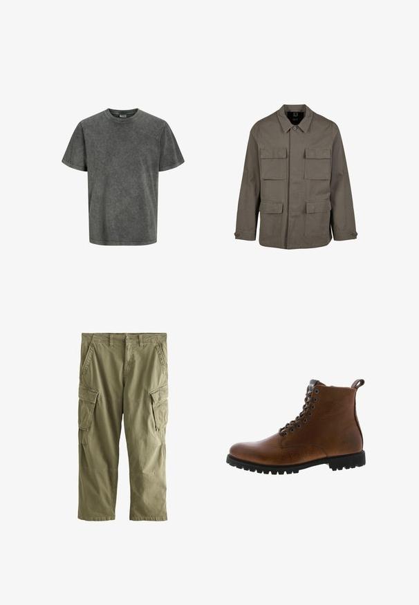 Khaki utilityjakke i bomuldsblanding, med lige snit, to brystlommer og knaplukninger på ærmerne. Glat tekstur og minimalistisk design.; Kortærmet T-shirt i en falmet mørkegrå farve, lavet af blødt stof med en rund halsudskæring og en afslappet pasform. Glat tekstur, ingen mønstre.; Grønne cargobukser med forlommer, sidelommer med klapper, bæltestropper og knaplukning i taljen.; Brune læder ankelstøvler med tekstureret overflade, metaløjer og sort gummisål. Har en træktab bagpå for nem påtagning.