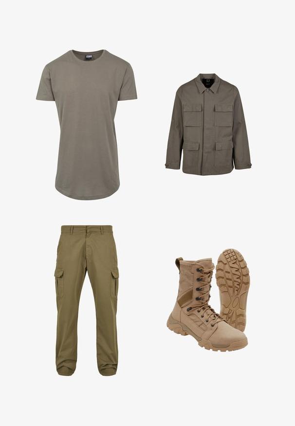 Chaqueta utilitaria color caqui en mezcla de algodón, con corte recto, dos bolsillos en el pecho y cierres de botón en las mangas. Textura suave y diseño minimalista.; Camiseta verde oliva fabricada en algodón suave, con un escote redondeado y mangas cortas, y un dobladillo curvado más largo para un ajuste relajado.; Pantalones cargo verdes con corte recto, de material de algodón, bolsillos laterales y cierre de botón para mayor funcionalidad. Textura suave, diseño casual.; Bota táctica color beige con diseño de cordones hasta la altura del tobillo y suela de goma resistente, una bota en posición vertical y la otra mostrando el patrón de la suela.