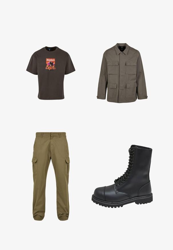 Khaki utilitný kabát z bavlnenej zmesi, s rovný strih, dvoma náprsníkmi a gombíkovými uzávermi na rukávoch. Hladká textúra a minimálny dizajn.; Tmavohnedé bavlnené tričko s grafickým potlačou auta a slovom "Market" v žiarivých farbách, s voľným strihom a krátkymi rukávmi.; Zelené cargo nohavice so rovný strihom, vyrobené z bavlny, s bočnými vreckami a zapínaním na gombík pre praktickosť. Hladká textúra, ležérny dizajn.; Čierne kožené bojové topánky s vysokým zvrškom, šnurovaním vpredu, polstrovaným golierom a robustnou štruktúrovanou podrážkou pre lepšie gripovanie. Obsahuje zosilnenú špičku.