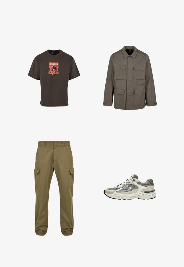 Khaki utilityjack in een katoenmix, met een rechte snit, twee borstzakken en knoopsluitingen op de mouwen. Soepele textuur en een minimalistisch ontwerp.; Donkerbruin katoenen T-shirt met een grafische print van een auto en het woord "Markt" in levendige kleuren, met een relaxte pasvorm en korte mouwen.; Groene cargobroek met rechte pasvorm, gemaakt van katoen, met zijzakken en knoopsluiting voor functionaliteit. Soepele textuur, casual ontwerp.; Lichtgrijze en witte sportieve sneaker met mesh- en suèdepanelen, witte veters en een dikke gevoerde zool, zijaanzicht.
