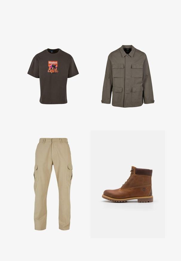 Veste utilitaire kaki en mélange de coton, avec une coupe droite, deux poches poitrine et des fermetures à boutons aux manches. Texture lisse et design minimal.; T-shirt en coton brun foncé avec un imprimé graphique d'une voiture et le mot "Market" en couleurs vives, offrant une coupe décontractée et des manches courtes.; Pantalons cargo beiges en toile de coton, dotés de plusieurs poches latérales, d'un design à jambes droites et d'une fermeture éclair avec passants de ceinture.; Botte de randonnée en cuir marron avec une finition lisse, cheville rembourrée, œillets en métal et semelle en caoutchouc dotée d'un motif de crampons robuste.