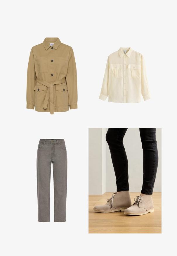Khaki jas met een knoopsluiting aan de voorkant, kraag, twee borstzakken, tailleband en lange mouwen. Gemaakt van een lichtgewicht stof.; Beige overhemd met lange mouwen, knopen, kraag en twee voorzakken met klep en knoop, afgebeeld op een witte achtergrond.; Grijze denim jeans met rechte pijpen, knoop- en ritssluiting, voor- en achterzakken en riemlussen.; Beige suède enklaarsjes met een ronde neus, vetersluiting en contrasterende stiksels, gedragen met zwarte slim-fit broek op een houten vloer.