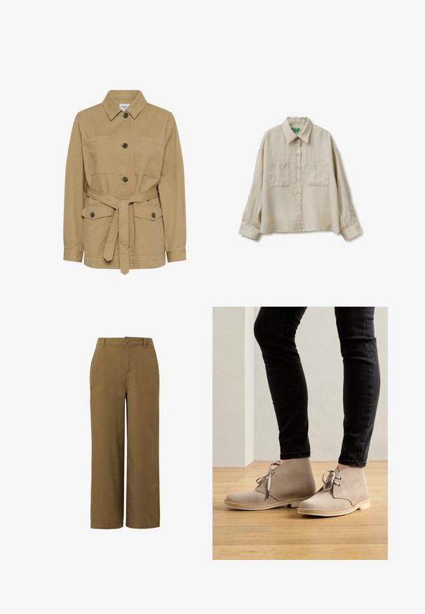 Chaqueta color caqui con cierre de botones, cuello, dos bolsillos en el pecho, cintura con cinturón y mangas largas. Confeccionada con una tela ligera.; Camisa beige de manga larga con botones, dos bolsillos en el pecho y cuello clásico, hecha de una tela ligera.; Pantalones de pierna ancha marrones, fabricados con una mezcla de algodón texturizado, que cuentan con un cierre frontal de botón y un diseño de cintura estándar.; Botas de ante beige hasta el tobillo con punta redondeada, diseño de cordones y costuras en contraste, llevadas con pantalones negros ajustados sobre un suelo de madera.