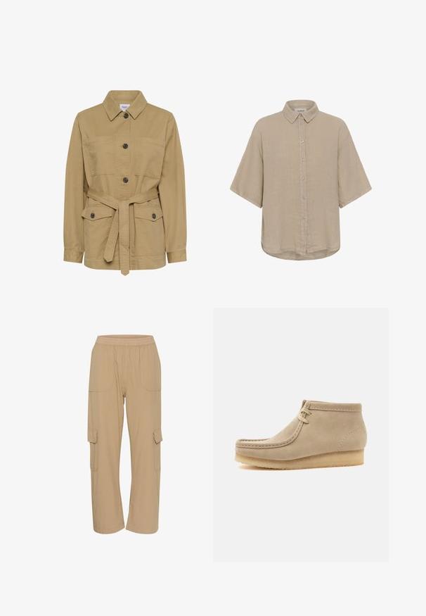 Veste kaki avec fermeture à boutons, col, deux poches poitrine, taille ceinturée et manches longues. Confectionnée dans un tissu léger.; Chemise beige à manches courtes avec boutons, col classique et coupe décontractée, fabriquée en tissu léger.; Pantalons cargo beiges avec une taille élastique, des poches latérales et une coupe décontractée. Fabriqués en tissu léger et texturé.; Bottine beige en daim avec semelle en crêpe et coutures style mocassin, dotée de deux œillets et d'un talon plat.