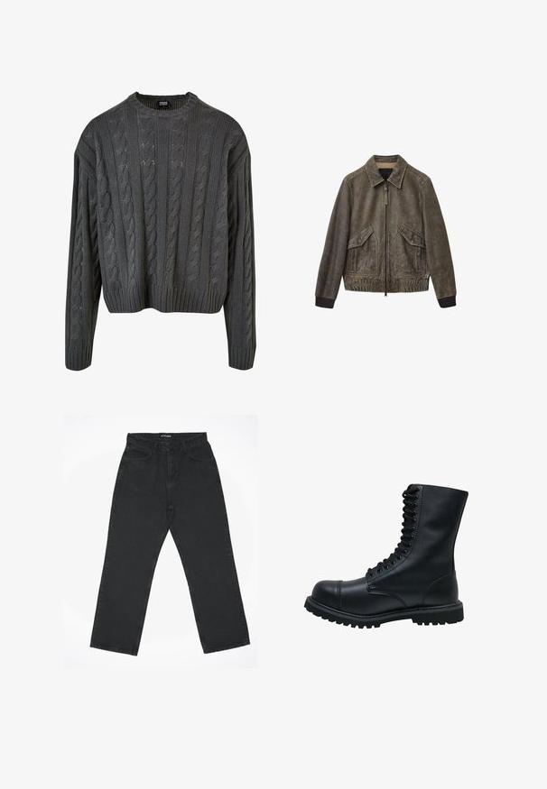 Læderbomberjakke i dæmpet olivengrøn, med lynlåslukning foran, store sidelommer, ribstrikkede manchetter og klassisk kravedesign.; Cable-strikket pullover i mørkegrå med rund halsudskæring, drop-skulder og ribbet bund. Har teksturerede mønstre overalt.; Sorte jeans med lige ben, fem lommer og lynlås, lagt fladt på en hvid baggrund med mærket "2Y STUDIOS" ved linningen.; Sort læder snørebåndsstøvle med rund tå, høj skaft, tyk gummisål og struktureret overflade. Har forstærket syning langs sømmene.