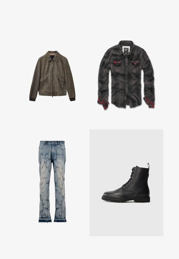 Veste aviateur en cuir vert olive doux, dotée d'une fermeture éclair à l'avant, de grandes poches latérales, de poignets côtelés et d'un col classique.; Chemise en flanelle à carreaux noirs avec des accents rouges sur les poches poitrine et les poignets, dotée d'un devant à boutons et d'un design de col classique.; Jean en denim bleu clair avec une texture matelassée et un motif étoilé, ourlets effilochés, et design à cinq poches avec quincaillerie en métal.; Bottine en cuir noir avec bout rond, design à lacets et œillets métalliques. Dispose d'une semelle texturée et d'une languette au talon pour un enfilage facile.