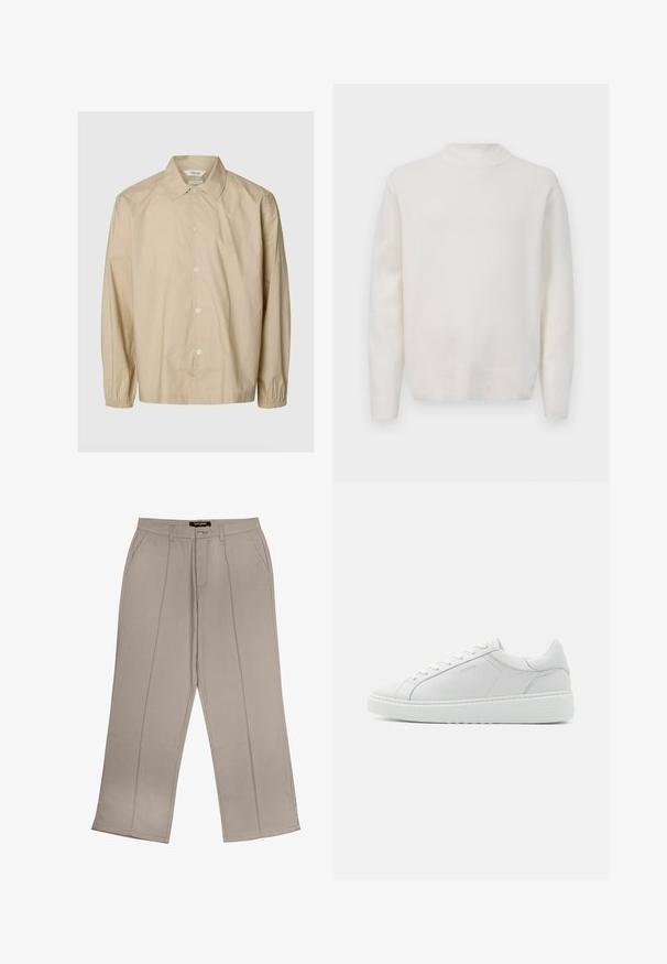 Camisa beige de manga larga con botones, puños elásticos, cuello abierto y un corte relajado, presentada sobre un fondo liso gris claro.; Suéter blanco de manga larga con cuello redondo y un acabado de canalé en el cuello, las muñecas y la cintura, exhibido sobre un fondo blanco liso.; Pantalones de pierna ancha beige, confeccionados en tela, que cuentan con bolsillos frontales, cremallera y dos líneas de costura vertical en cada pierna.; Zapatilla de cuero blanco con una textura suave, punta redonda, diseño de perfil bajo y un logo sutil en el lateral. Cuello acolchado y cordones.