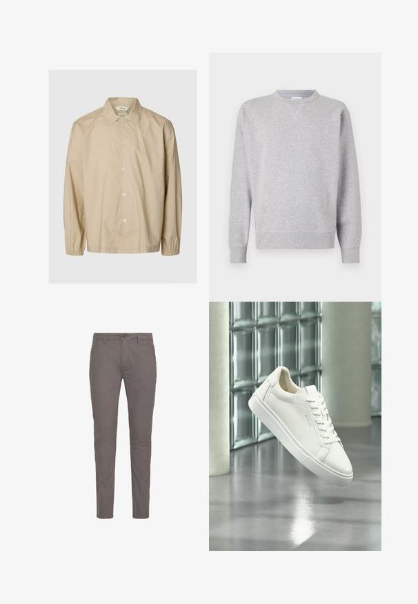 Beige langærmet skjorte med knapper, elastiske manchetter, spredt krave og afslappet pasform vist på en ensartet lys grå baggrund.; Grå sweatshirt lavet af blødt stof, med rund halsudskæring, lange ærmer, ribbede manchetter og lige kant. Ingen synlige mønstre eller grafik.; Grå bomulds chinos med lige pasform, der har knaplukning, standardlommer og minimalistisk design. Glat tekstur og ingen mønstre.; Hvid lav top sneaker med snørebånd, der svæver over en reflekterende betongulv mod en glasblokvæg baggrund.