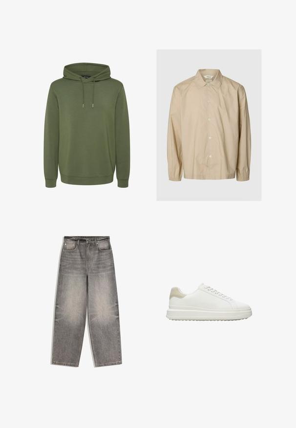Beiges langärmeliges Hemd mit Knöpfen, elastischen Bündchen, offenem Kragen und lockerer Passform, auf einem schlichten hellgrauen Hintergrund dargestellt.; Olivgrüner Hoodie aus weichem Material, mit einer geräumigen Kapuze mit Kordelzügen sowie gerippten Bünden und Saum für eine angenehme Passform.; Hoch taillierte graue Jeans aus Denim mit weitem Bein, vorderer Knopf- und Reißverschluss, Gürtelschlaufen und Fünf-Taschen-Design.; Weiße Sneakers aus glattem Leder mit einer texturierten, beigen Fersenapplikation, runden Schnürsenkeln, einem flachen Design und einer Gummisohle.