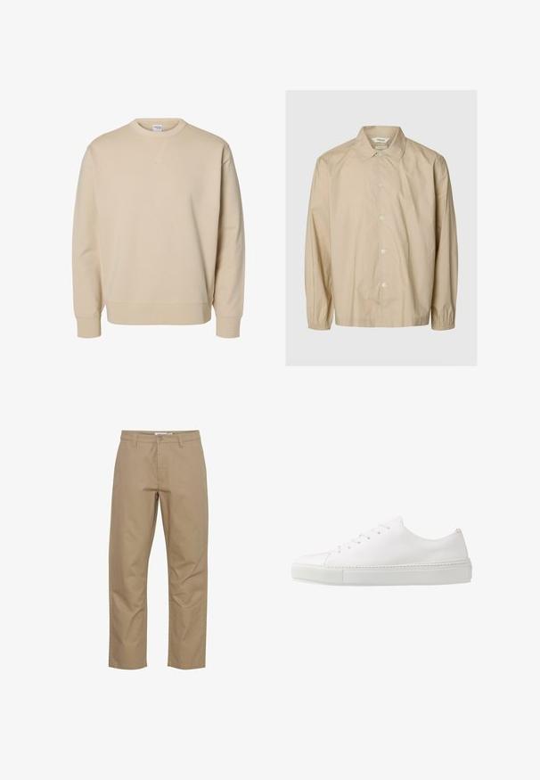 Camisa beige de manga larga con botones, puños elásticos, cuello abierto y un corte relajado, presentada sobre un fondo liso gris claro.; Sudadera beige con cuello redondo, mangas largas, puños y bajo acanalados, y un pequeño detalle en forma de V cosido debajo del cuello.; Pantalones de algodón beige con un diseño de pierna recta, que cuentan con un cierre frontal de botón y cremallera, bolsillos laterales y un acabado limpio.; Zapatilla blanca de cuero con un acabado suave, puntera redonda y seis ojales para los cordones. Cuenta con una suela de goma texturizada y un diseño minimalista.