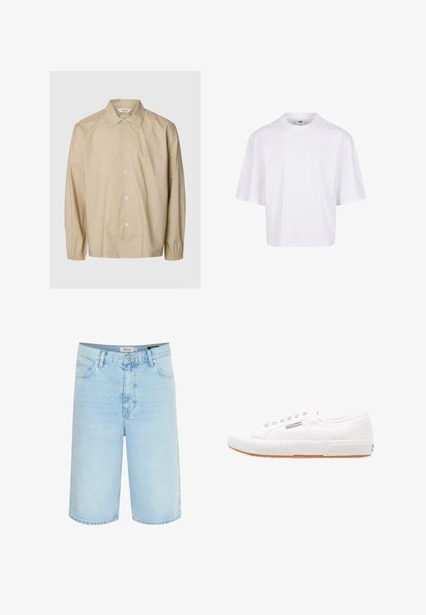 Beiges langärmeliges Hemd mit Knöpfen, elastischen Bündchen, offenem Kragen und lockerer Passform, auf einem schlichten hellgrauen Hintergrund dargestellt.; Weißes Kurzarm-T-Shirt mit Rundhalsausschnitt und lockerer Passform, gefertigt aus einem glatten Baumwollmischgewebe. Keine Muster oder Verzierungen.; Hellblaue Jeansshorts mit entspannter Passform, fünf Taschen-Design, einfache Knopfverschluss und Kontrastnähte entlang der Nähte.; Weiße Leinensneaker mit Gummisohle, Schnürdesign und einem kleinen Logolabel an der Seite. Strukturierte weiße Oberseite und braune Außensohle.