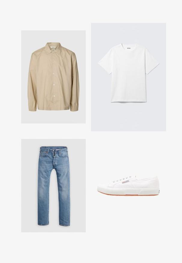 Beige langærmet skjorte med knapper, elastiske manchetter, spredt krave og afslappet pasform vist på en ensartet lys grå baggrund.; Hvid kortærmet crewneck T-shirt lagt fladt ud, ensfarvet design, med "WEEKDAY" mærkat inde i kraven på en lys baggrund.; Lysblå denim jeans med en lige ben-design, fem lommer og en knaplukning. Har diskrete falmede områder og syninger som accent.; Hvide kanvas sneakers med gummisål, snørebåndsdesign og et lille logo mærke på siden. Tekstureret hvid overdel og brun ydersål.