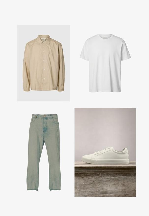Beige langærmet skjorte med knapper, elastiske manchetter, spredt krave og afslappet pasform vist på en ensartet lys grå baggrund.; Enkelt hvid T-shirt med korte ærmer og rund hals, løs pasform og uden synlige logoer eller designs foran.; Lyseblå jeans med lige ben, forrest knapper, bæltestropper og forlommer, vist mod en hvid baggrund.; Hvide snørresneakers svævende over en træbænk med grønne planter i baggrunden, der fremhæver skodesign og tekstur.