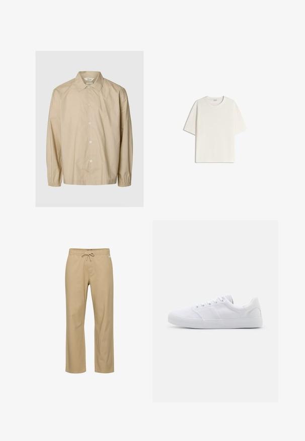 Beige langærmet skjorte med knapper, elastiske manchetter, spredt krave og afslappet pasform vist på en ensartet lys grå baggrund.; Hvid, kortærmet T-shirt med rund hals, løs pasform og blød tekstur; ensfarvet design uden mønstre eller detaljer.; Beige bomuldsbukser med afslappet pasform, elastik i taljen og snøre. Har sidelommer og lige ben. Ingen synlige mønstre.; Hvide lærreds sneakers med gummisål, der har seks snørehuller, en struktureret tåkap og et minimalistisk design.
