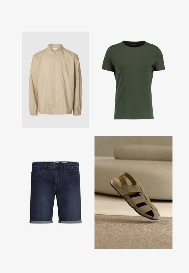 Beige overhemd met lange mouwen en knopen, elastische manchetten, een spreidkraag en een losse pasvorm, afgebeeld op een effen lichtgrijze achtergrond.; Donkergroene katoenen T-shirt met een klassieke ronde halslijn, korte mouwen en een gladde textuur. Simpel, onversierd ontwerp.; Donkerblauwe denim shorts met een klassieke vijf-pocket ontwerp, een opgerolde zoom en een knoopsluiting. Gladde textuur.; Beige sandaal met verstelbare gesp en zwarte zool, geplaatst op een gestructureerd tapijt in een kamer met neutrale tinten.