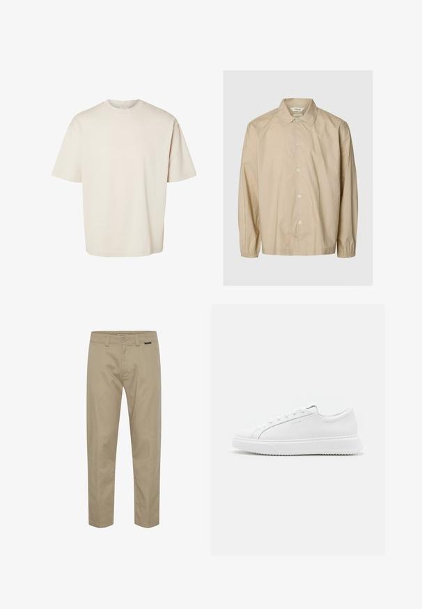 Camisa beige de manga larga con botones, puños elásticos, cuello abierto y un corte relajado, presentada sobre un fondo liso gris claro.; Camiseta de algodón beige lisa, de manga corta, oversize y con cuello redondo, mostrada extendida sobre un fondo blanco.; Chinos caqui confeccionados en algodón, con corte recto, presillas para cinturón, bolsillos delanteros y un acento de logo minimalista cerca de la cintura.; Zapatillas blancas hechas de material sintético suave. Presentan un diseño de caña baja, suela blanca elevada, punta redondeada y cordones en la parte frontal con cinco ojetes.