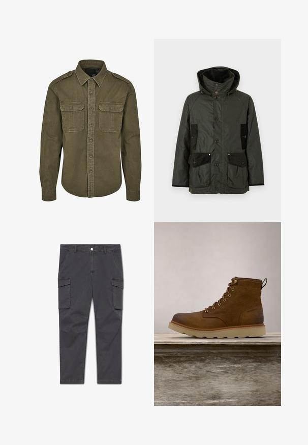 Olijfgroene waterdichte jas met capuchon, voorzien van zwarte corduroy accenten, meerdere zakken aan de voorkant en een knoopsluiting. Zachte textuur.; Olijf groene button-up shirt van katoen. Heeft een kraag, twee borstzakken met kleppen en gestructureerde schouders met zichtbare stiksels.; Houtskoolgrijze cargobroek met twee klepzakken aan de voorkant, zijzakken, een knoopsluiting, riemlussen en versterkte kniestiksels.; Bruine waterdichte enkelboot van gestructureerd leer, met gouden oogjes, een ronde neus en een lichte, gestructureerde rubberen zool.