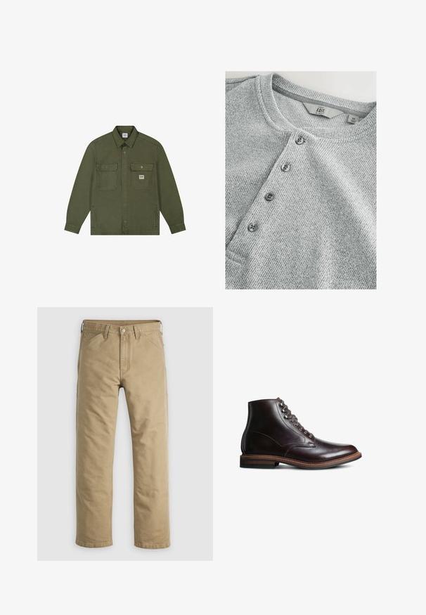 Lee WORKWEAR - Spijkerjas - oak moss; Grijze gebreide shirt met lange mouwen en een ronde halslijn, vijf knopen sluiting, ribbelstructuur en een slim fit ontwerp. Label geeft maat M aan.; Kaki katoenen broek met een rechte pijp, voorzakken en een knoopsluiting. Glad textuur en verstevigde naden voor duurzaamheid.; Donkerbruine leren enkellaars met ronde neus, vetersluiting aan de voorkant en een gestapeld hak op een witte achtergrond.
