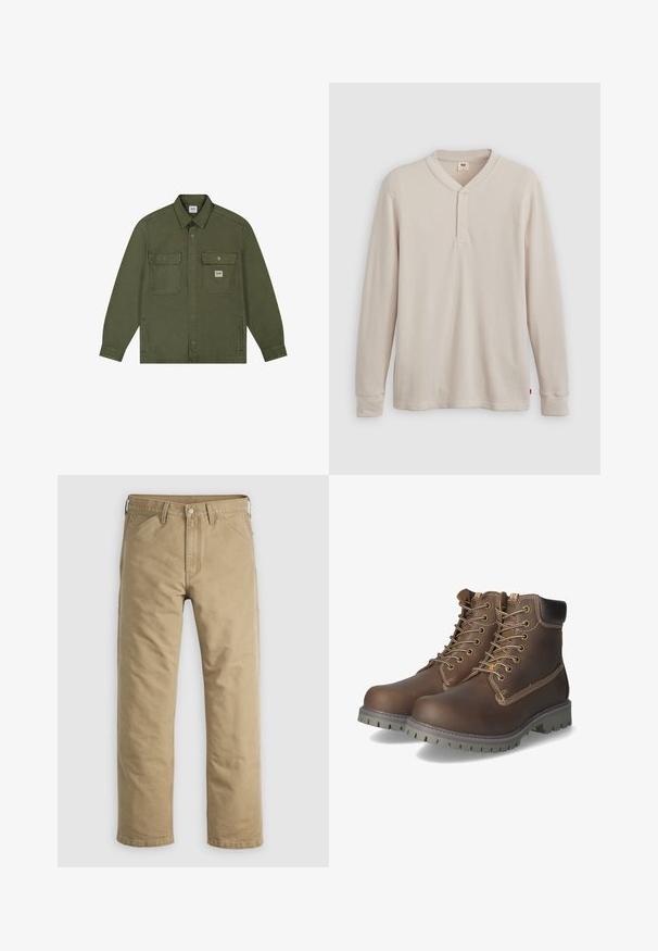 Lee WORKWEAR - Cowboyjakker - oak moss; Langærmet henley-skjorte i lys beige ribbet stof, med V-hals, tre-knap placket og manchetter ved ærmerne. Rød logo-tags ved kanten.; Khakifarvede bomuldssbukser med lige ben, forlommer og knaplukning. Glat tekstur og forstærkede sømme for holdbarhed.; Brune læder ankelstøvler med snørebånd, polstret krave, kontrasterende syninger og slidstærk gummisål med skridsikre mønstre.