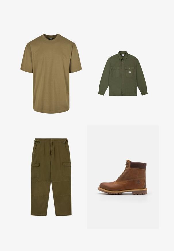 Lee WORKWEAR - Jeansjacke - oak moss; Olivenfarbene T-Shirt, kurze Ärmel, runder Halsausschnitt, aus Baumwollmaterial, verfügt über ein schlichtes Design ohne Muster oder Akzente.; Olivgrüne Cargo-Hose mit verstellbaren Seitenriemen, Klappentaschen an den Oberschenkeln und verstärkten Nähten an Knien und Unterschenkeln.; Braune Lederwanderschuhe mit glatter Oberfläche, gepolstertem Knöchel, Metallösen und einer Gummisohle mit robustem Profil.