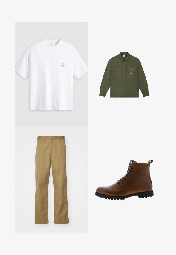 Lee WORKWEAR OVERSHIRT - Spijkerjas - oak moss; Witte T-shirt met korte mouwen en ronde hals, met een klein borstzakje aan de voorkant met een beige en rood rechthoekig label.; Khaki chino's met een recht gesneden ontwerp, gemaakt van soepel katoenstof. Voorzien van een knoopsluiting aan de voorkant en zijzakken.; Bruine leren enkelbotten met een gestructureerde afwerking, metalen oogjes en een zwarte rubberen profielzool. Voorzien van een trekband aan de achterkant voor gemakkelijke instap.