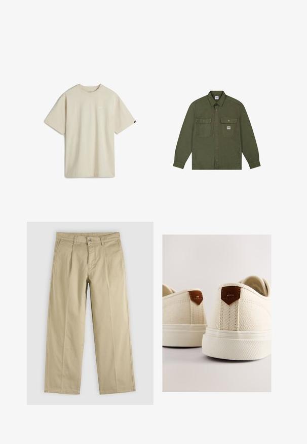 Lee WORKWEAR - Cowboyjakker - oak moss; Beige bomulds T-shirt med korte ærmer, rund halsudskæring og et lille hvidt logo på brystet. Glat tekstur med en afslappet pasform.; Beige bukser med lige ben, forreste læg, bæltestropper, sidelommer og knaplukning i taljen.; Lærreds-sneakers i creme med en struktureret finish, der har brune læderdetaljer ved hælen og en ydersål af gummi.