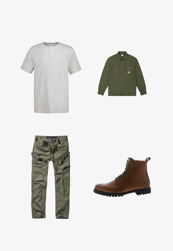 Lee WORKWEAR - Chaqueta vaquera - oak moss; Camiseta henley de manga corta de color gris claro con cuello redondo y tres botones blancos en la tapeta frontal.; Pantalones cargo verde oliva hechos de algodón, con múltiples bolsillos utilitarios, detalles de cremallera y cintura con cordón para un ajuste ajustable.; Botas de cuero marrón hasta el tobillo con acabado texturizado, ojales de metal y suela de goma negra con protuberancias. Presenta una lengüeta en la parte posterior para facilitar su uso.