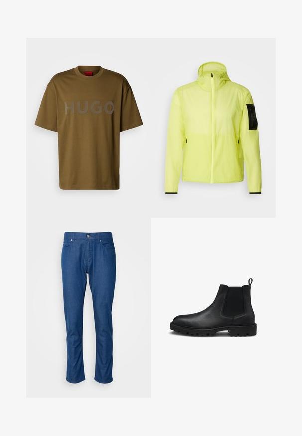 Lichte, neongele jack met capuchon, ritssluiting en zwart armzakje; voorzien van elastische manchetten en ademend materiaal.; Olijfgroene katoenen t-shirt met een ronde hals en korte mouwen, met een groot grijs "HUGO" logo op de voorkant gedrukt.; Blauwe denimbroeken met een recht gesneden ontwerp, voorzakken en een enkele knoopsluiting. Soepele textuur met minimale details.; Zwarte leren Chelsea-boot met elastische zijkanten, een gestructureerd oppervlak en een robuuste zool met opvallende profiel. Lichtgewicht ontwerp.