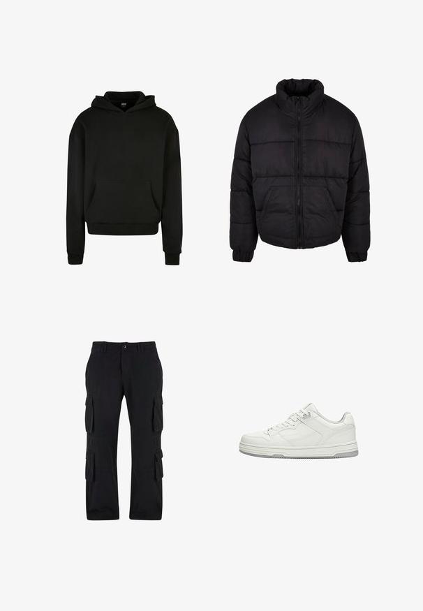Doudoune noire avec un col haut, fermeture éclair à l'avant et poignets élastiqués. Présente des coutures horizontales et deux poches avant.; Sweatshirt à capuche noir fabriqué en tissu doux, avec une poche avant, des poignets côtelés et une coupe décontractée.; Pantalons cargo noirs en tissu coton, dotés de plusieurs poches latérales, d'une coupe décontractée et d'une jambe droite.; Baskets basses blanches avec lacets à l'avant, coutures détaillées et semelle en caoutchouc grise sur fond blanc.