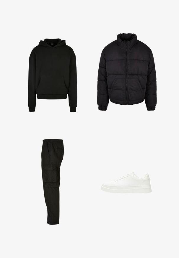 Doudoune noire avec un col haut, fermeture éclair à l'avant et poignets élastiqués. Présente des coutures horizontales et deux poches avant.; Sweatshirt à capuche noir fabriqué en tissu doux, avec une poche avant, des poignets côtelés et une coupe décontractée.; Pantalons cargo noirs avec une coupe décontractée, une taille élastique, des poches latérales et une grande poche cargo sur la cuisse. Tissu doux et léger.; Baskets blanches avec une tige en cuir lisse, des lacets plats et une semelle en caoutchouc épaisse. Le design minimaliste présente des coutures discrètes et des accents sans couture.