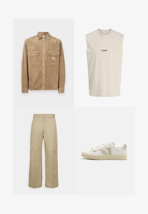 Braune Cordjacke mit einem vorderen Reißverschluss, zwei Brusttaschen und einem kleinen Logolabel. Mit einem klassischen Kragen und gerippter Textur.; Ärmelloses beiges T-Shirt mit ""JJ Studios""-Logo in schwarzer Schrift zentriert auf der Brust, schlichter Hintergrund, keine sichtbare Person.; Beige, weit geschnittene Hosen aus robustem Stoff, mit hoher Taille, sichtbaren Nähten und einem kleinen Logopatch an der Seite.; Weiße Leder-Sneaker mit Klettverschlüssen, beigen Akzenten, runder Zehenform, strukturiertem Gummisohle und eingeprägtem Logo. Minimalistisches Design.