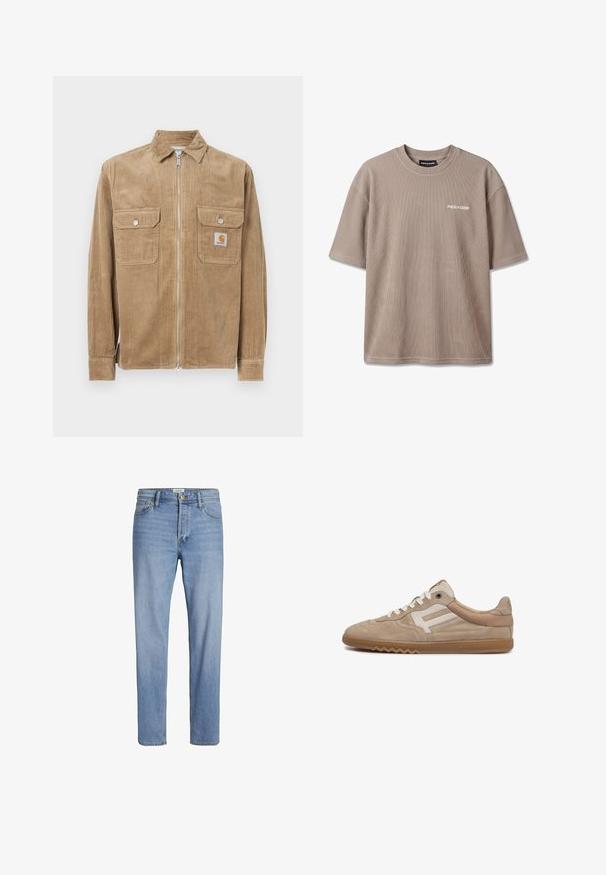 Brun fløjljakke med lynlås foran, to brystlommer og et lille logo-label. Har en klassisk krave og ribbet tekstur.; Beige ribbet t-shirt med korte ærmer, rund halsudskæring og hvid "PEGADOR"-logo på venstre bryst.; Lysblå denimjeans med lige pasform, standard fem-lomme design og synlig stitching. Ingen tydelige mønstre eller accenter.; Beige lavtop ruskindsneaker med hvide snørebånd, gummsål og synlige syningsdetaljer på en hvid baggrund.